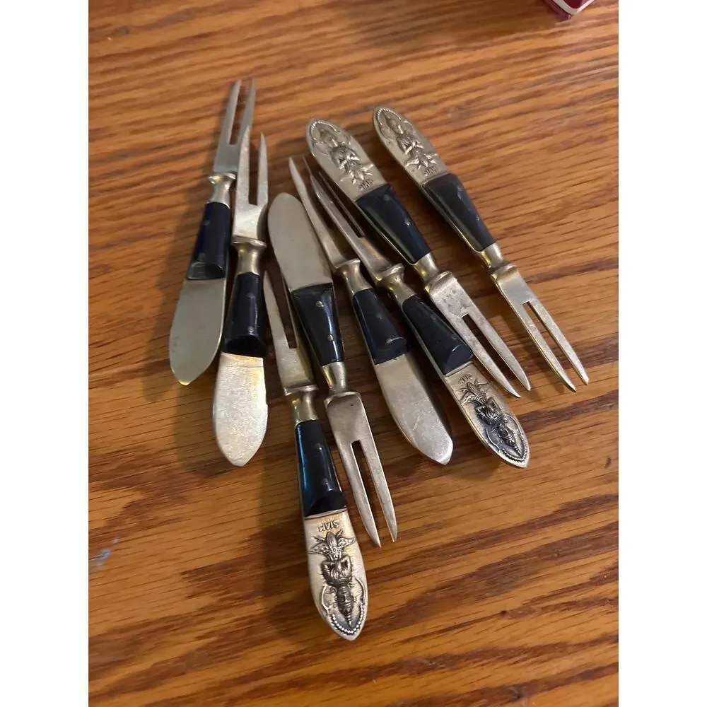 Set of 8 Vintage Thailand Siam Appetizer Fork Rosewood Nickel Bronze 1950s